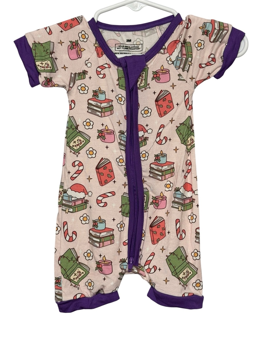 Pink Holiday Book & Candy Cane Baby Romper with Purple Trim
